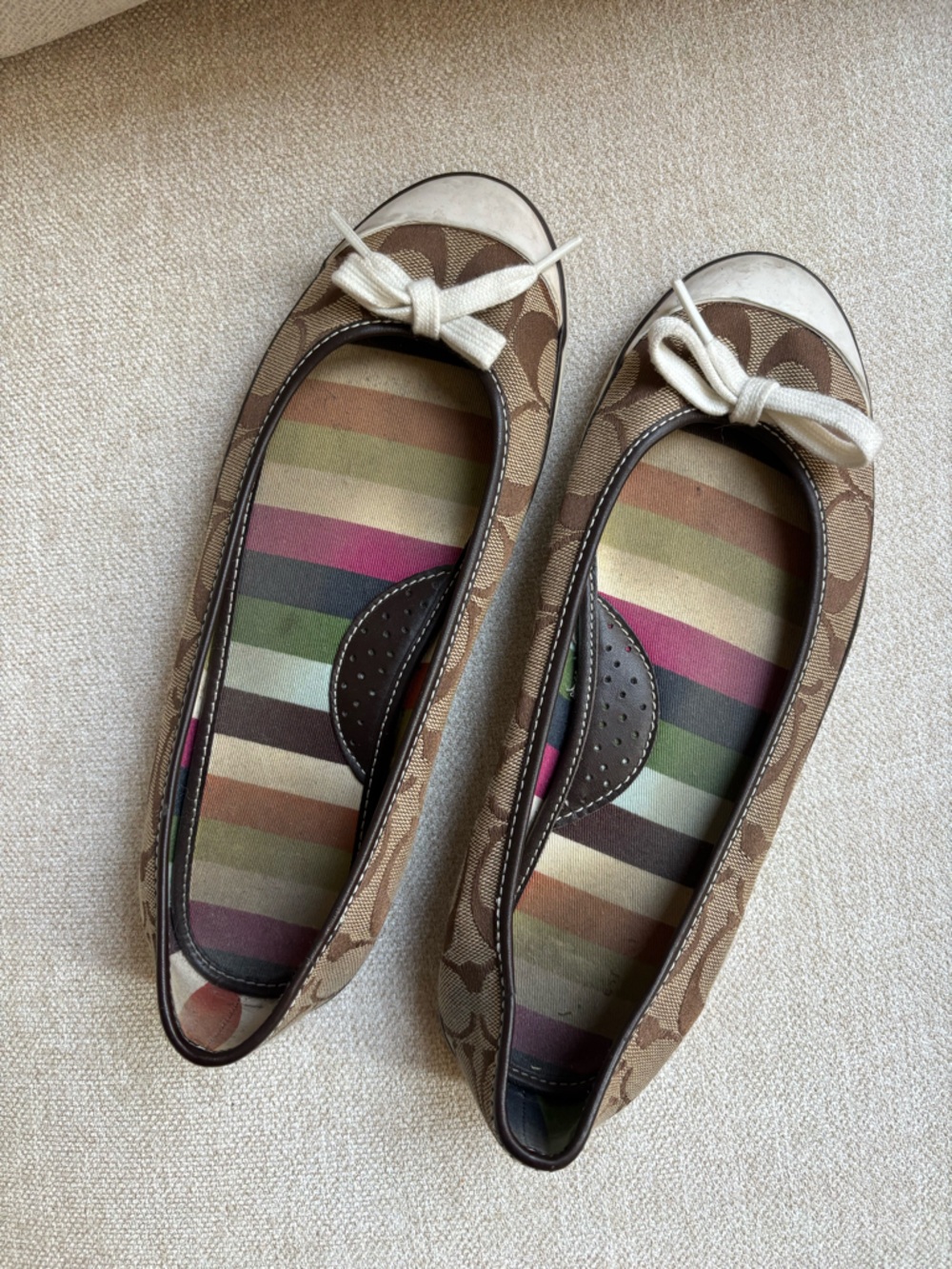 Coach Brown Canvas Signature Ballet Flats with Multicolor Stripe Insole